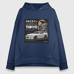 Толстовка оверсайз женская Nissan Skyline годзила, цвет: тёмно-синий