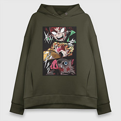 Толстовка оверсайз женская Тандзиро Зеницу Инозука манга Клинок рассекающий д, цвет: хаки