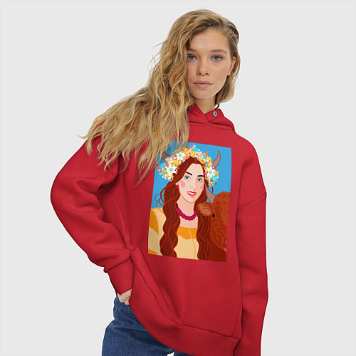 Женское худи оверсайз Девушка в цветочной короной из полевых цветов / Красный – фото 3