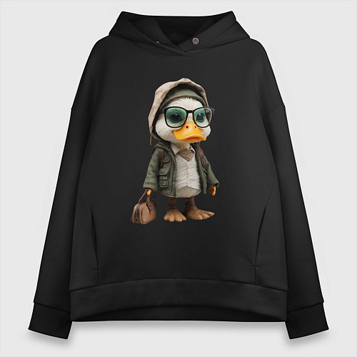 Женское худи оверсайз Утка с сумкой / Черный – фото 1