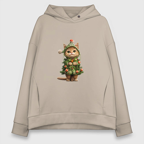 Женское худи оверсайз Кот в костюме новогодней елки / Миндальный – фото 1