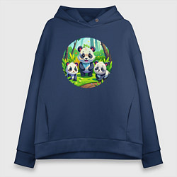 Толстовка оверсайз женская Панды в бамбуковом лесу, цвет: тёмно-синий