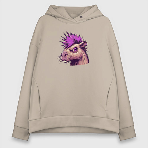 Женское худи оверсайз Панк капибара с ирокезом / Миндальный – фото 1