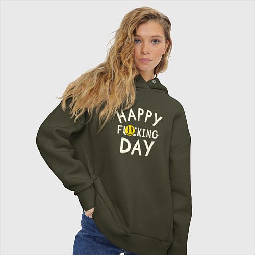 Женское худи оверсайз Happy f**king day - надпись и смайл / Хаки – фото 3