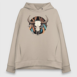 Толстовка оверсайз женская Череп с перьями в стиле бохо, цвет: миндальный