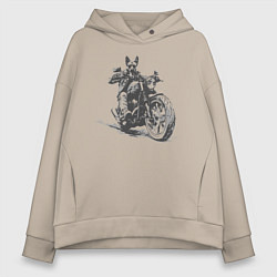 Толстовка оверсайз женская Немецкая овчарка байкер на мотоцикле чоппере, цвет: миндальный