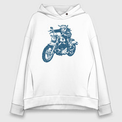 Толстовка оверсайз женская Высокогорная корова байкер на мотоцикле чоппере, цвет: белый