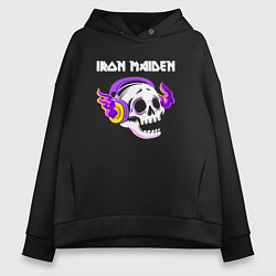 Толстовка оверсайз женская Iron Maiden - неоновый череп, цвет: черный