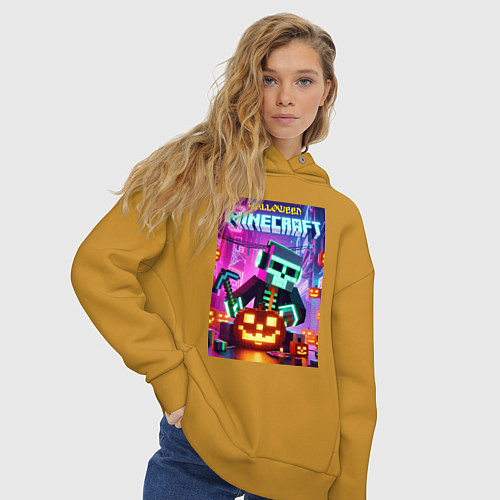 Женское худи оверсайз Skeleton and pumpkin - neon glow / Горчичный – фото 3