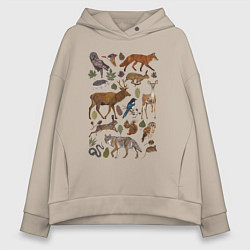 Толстовка оверсайз женская Лесные животные и птицы, цвет: миндальный