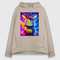 Толстовка оверсайз женская Пикачу киберпанк зомби - неоновое свечение, цвет: миндальный