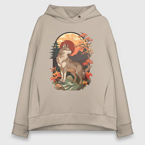 Женское худи оверсайз Волк в лесу в японском стиле / Миндальный – фото 1