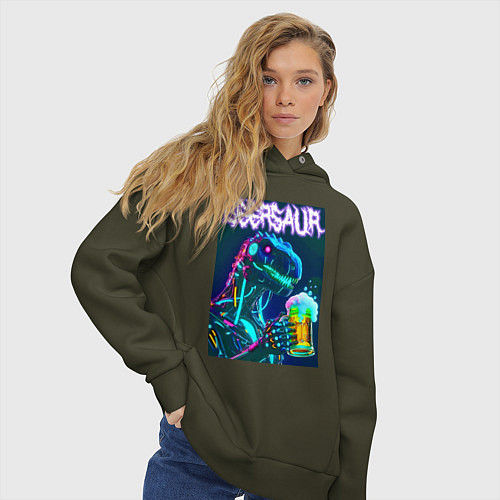 Женское худи оверсайз Neon cyber beersaur - neon glow fantasy / Хаки – фото 3