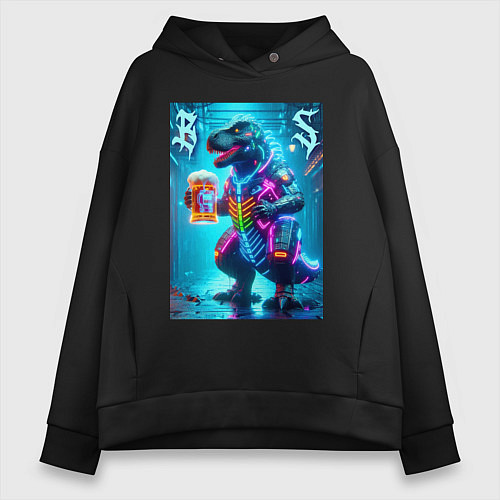 Женское худи оверсайз Неоновый кибер пивозавр - нейроарт / Черный – фото 1