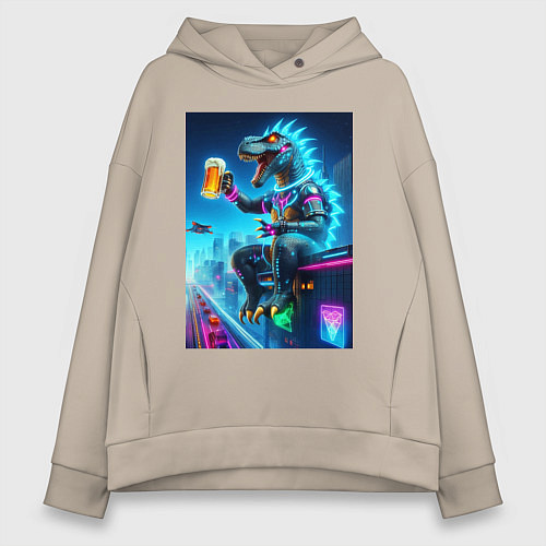 Женское худи оверсайз Чувак Дино сидит на крыше небоскрёба с кружкой пив / Миндальный – фото 1