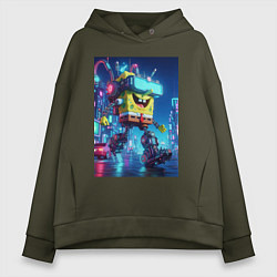 Толстовка оверсайз женская Cyber Sponge Bob - neon glow fantasy, цвет: хаки