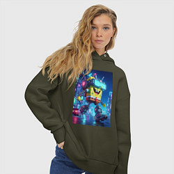 Толстовка оверсайз женская Cyber Sponge Bob - neon glow fantasy, цвет: хаки — фото 2