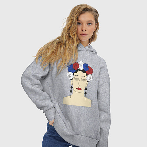 Женское худи оверсайз Женский портрет: девушка в венке триколор / Меланж – фото 3
