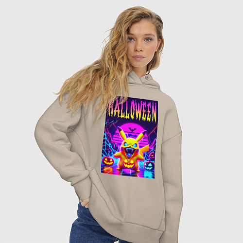 Женское худи оверсайз Pikachu - halloween vaporwave / Миндальный – фото 3