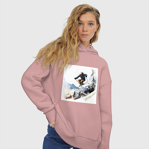 Женское худи оверсайз Лыжник на склоне / Пыльно-розовый – фото 3