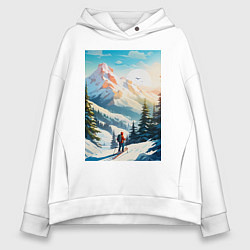 Толстовка оверсайз женская Лыжник в горах, цвет: белый