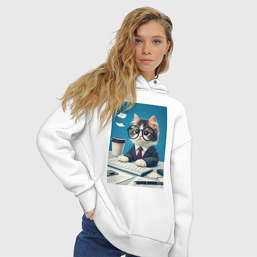 Женское худи оверсайз Котёнок офисный планктон - нейроарт / Белый – фото 3