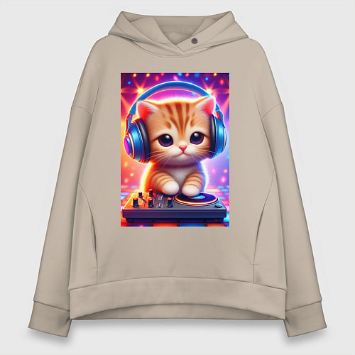 Женское худи оверсайз Cutie kitten DJ - neon glow / Миндальный – фото 1