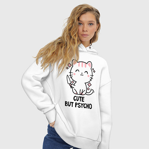 Женское худи оверсайз Cute but psycho - cat / Белый – фото 3