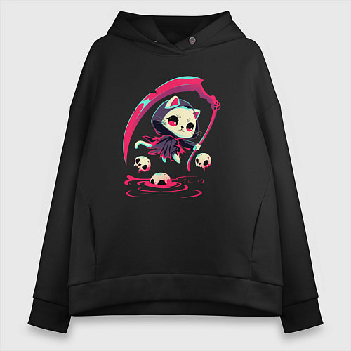 Женское худи оверсайз Котик с косой / Черный – фото 1