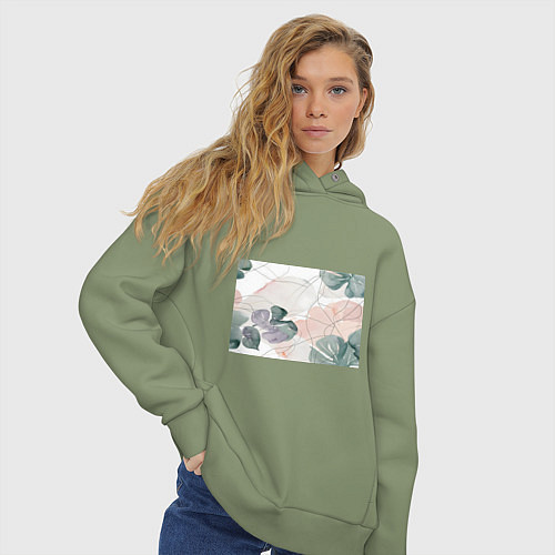 Женское худи оверсайз Акварельные листья светлые / Авокадо – фото 3