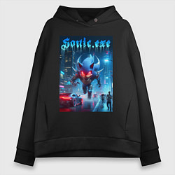 Толстовка оверсайз женская Ёжик монстр в ночном мегаполисе - неоновое свечени, цвет: черный