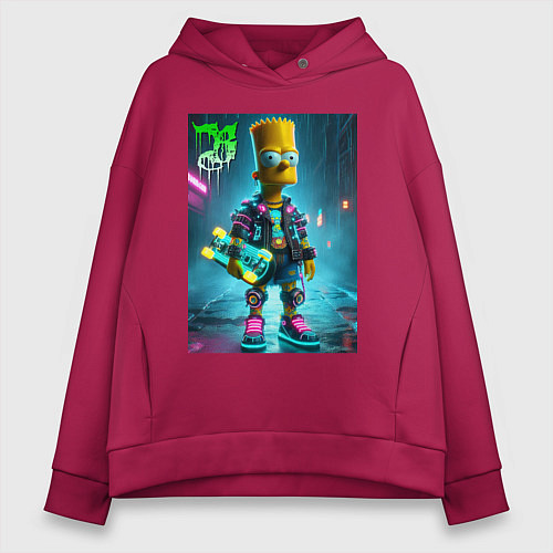 Женское худи оверсайз Барт Симпсон со скейтбордом под проливным дождём - / Маджента – фото 1