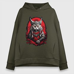 Толстовка оверсайз женская Кот викинг, цвет: хаки