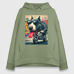 Толстовка оверсайз женская Бультерьер управляет мотоциклом - граффити, цвет: авокадо