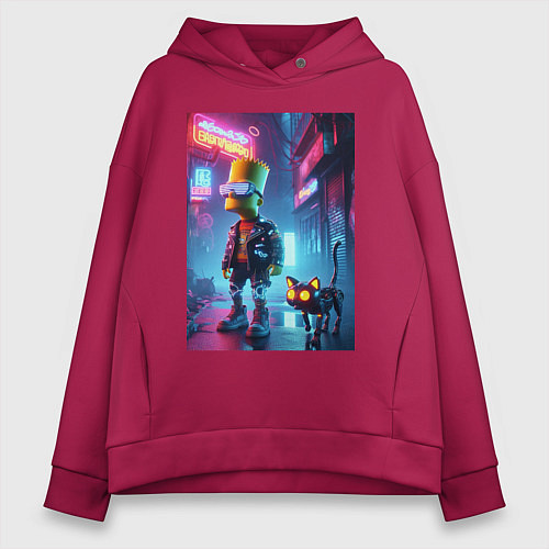 Женское худи оверсайз Барт Симпсон гуляет с роботом котом в ночном город / Маджента – фото 1