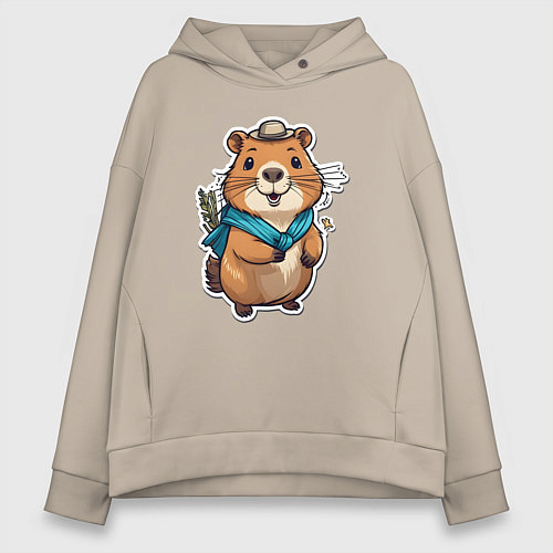 Женское худи оверсайз Счастливая капибара / Миндальный – фото 1