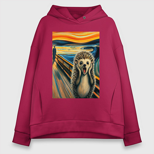 Женское худи оверсайз Ёжик кричит на картине Эдварда Мунка - мем искусст / Маджента – фото 1