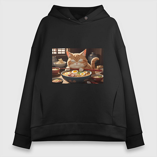 Женское худи оверсайз Кот обожает рамен / Черный – фото 1