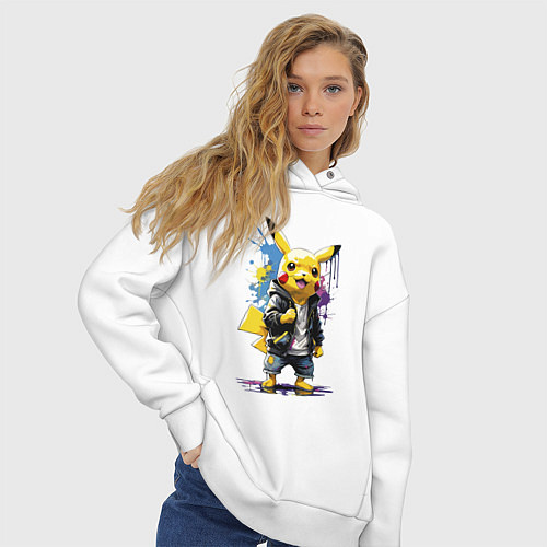 Женское худи оверсайз Cool Pikachu - watercolor sketch / Белый – фото 3