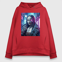 Толстовка оверсайз женская Мона Лиза в кожаной косухе - киберпанк, цвет: красный