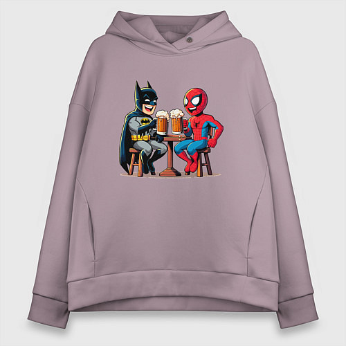 Женское худи оверсайз Бэтмен и человек Паук пьют пиво / Сиреневый – фото 1
