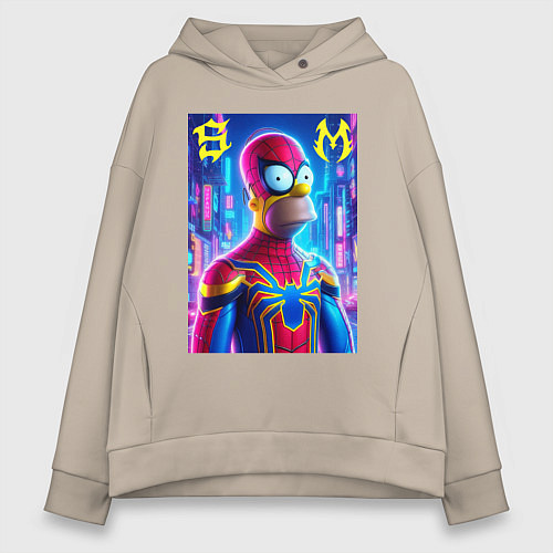Женское худи оверсайз Homer Simpson and Spider man - collaboration / Миндальный – фото 1