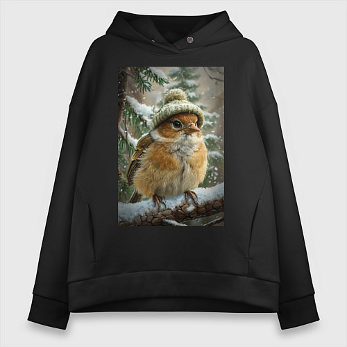 Женское худи оверсайз Воробей в шапке / Черный – фото 1