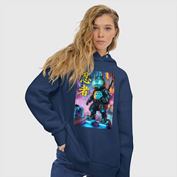 Толстовка оверсайз женская Тоторо кибер ниндзя - неоновое свечение, цвет: тёмно-синий — фото 2