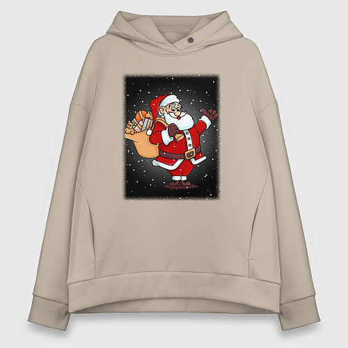 Женское худи оверсайз Санта Клаус с мешком / Миндальный – фото 1