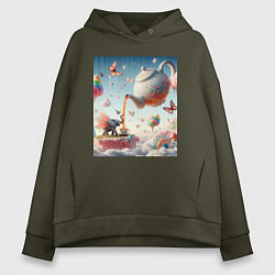 Толстовка оверсайз женская Чаепитие крылатого слона - психоделика, цвет: хаки