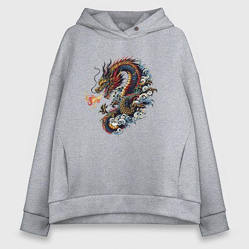 Женское худи оверсайз Japanese dragon - engraving / Меланж – фото 1