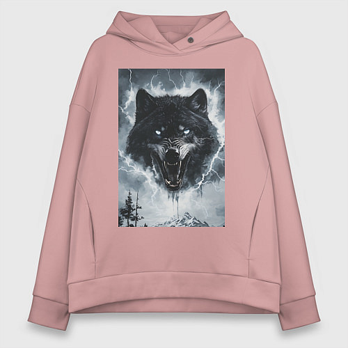 Женское худи оверсайз Волк с оскаленной пастью / Пыльно-розовый – фото 1
