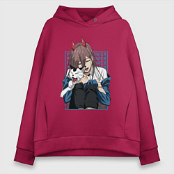 Толстовка оверсайз женская Человек-бензопила Пауэр и кошка, цвет: маджента