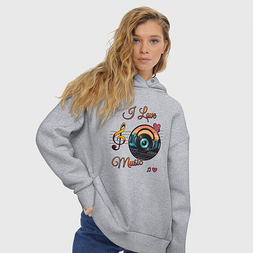 Женское худи оверсайз Я люблю музыку / Меланж – фото 3
